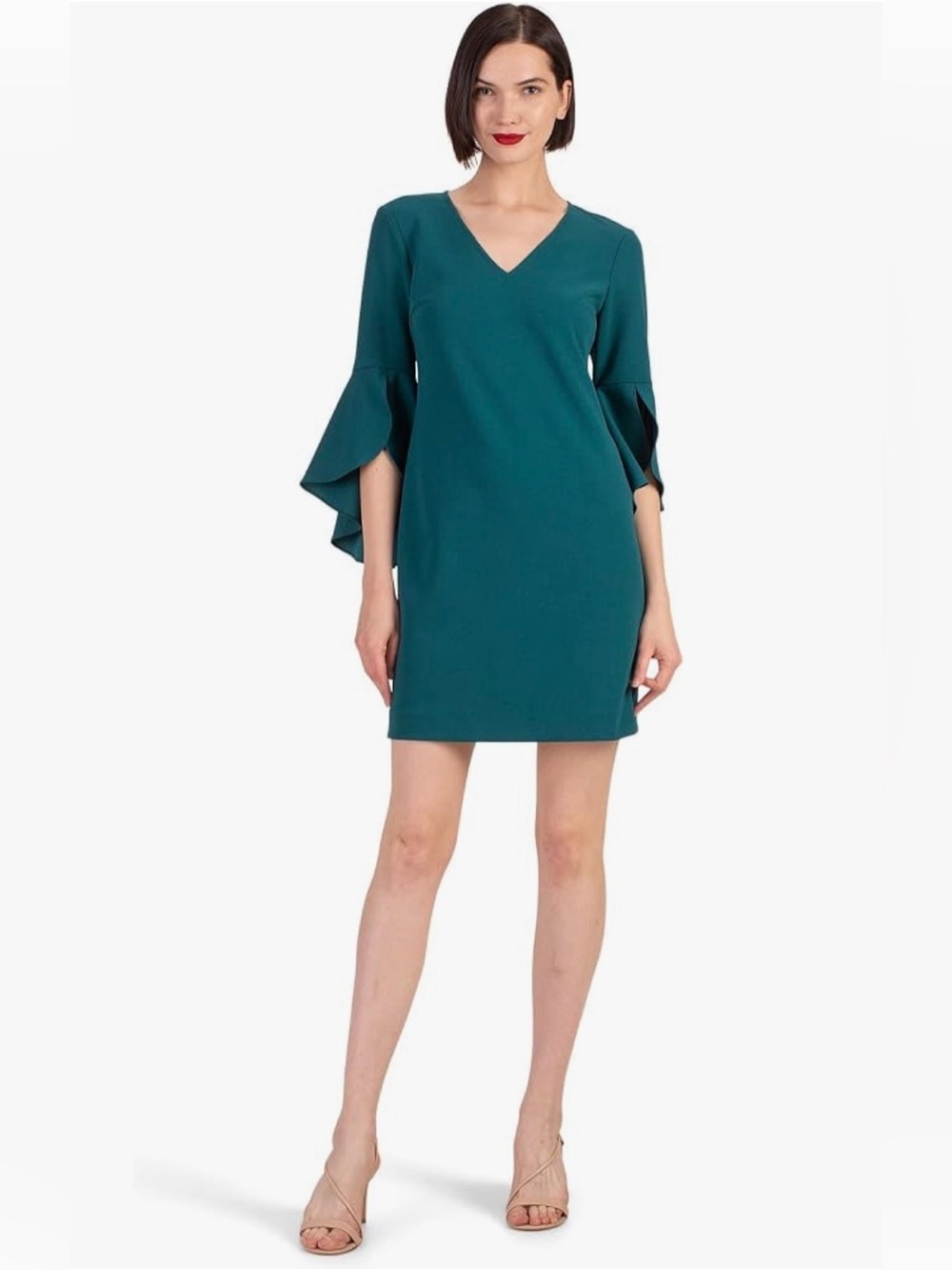 Trina Turk Teal V‑Neck Mini Dress with Ruffled Bell Sleeves